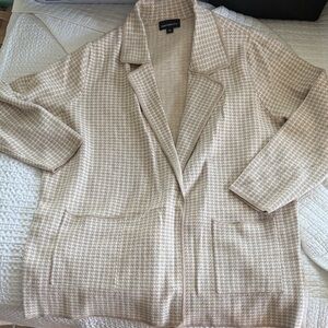 Beige Houndstooth Open-Front Knit Blazer